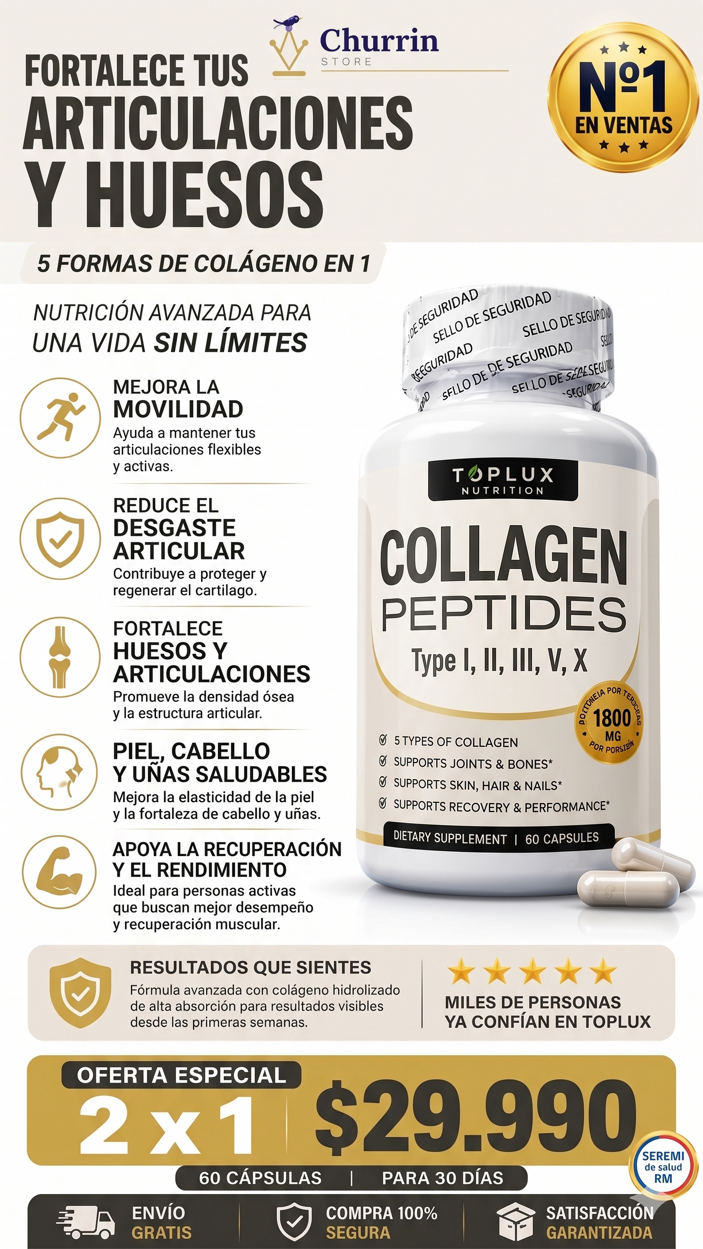 Colágeno Complex 5 en 1 ⭐60 cápsulas 💊Salud y firmeza para huesos, articulaciones y piel