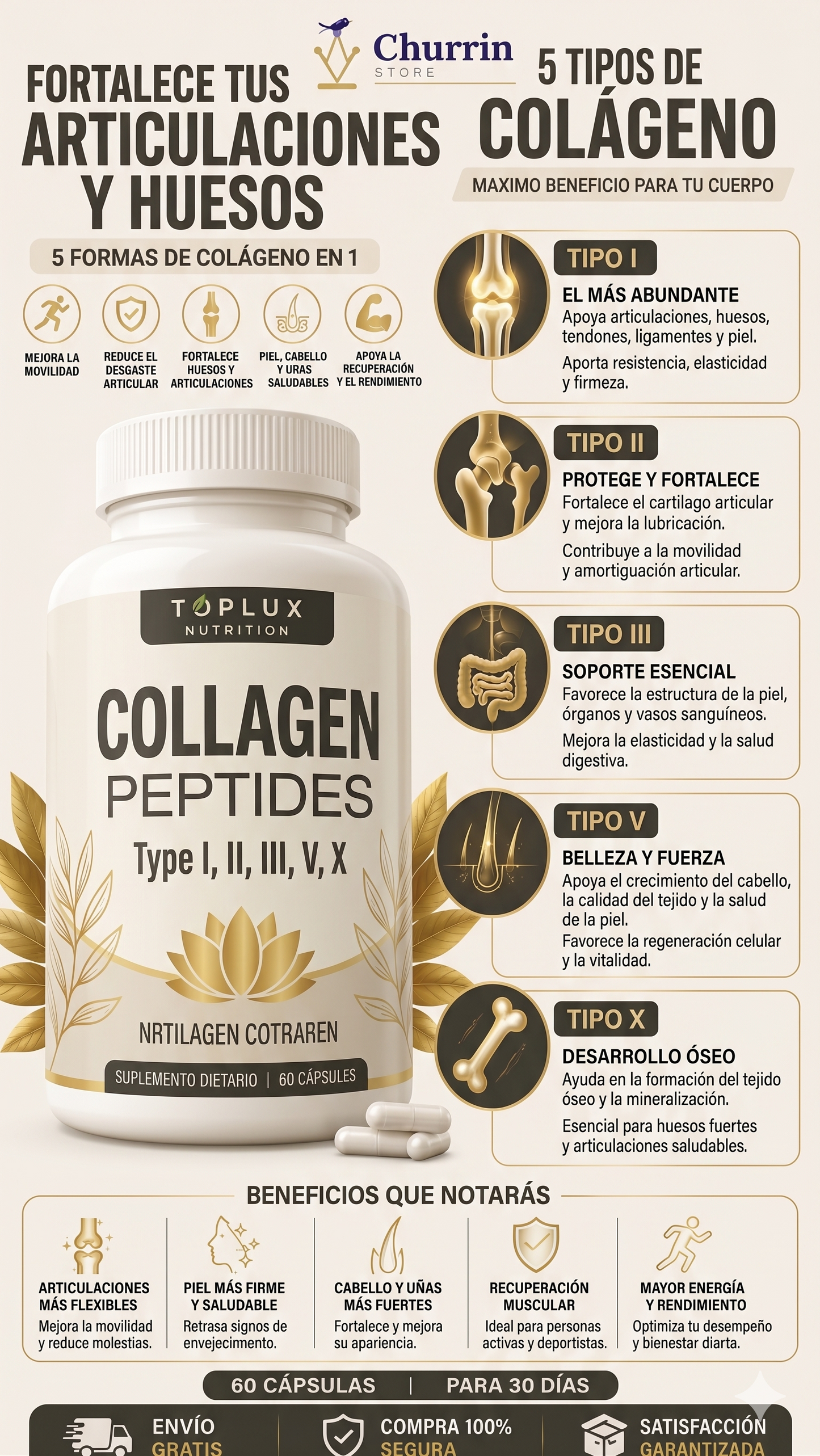 Colágeno Complex 5 en 1 ⭐60 cápsulas 💊Salud y firmeza para huesos, articulaciones y piel