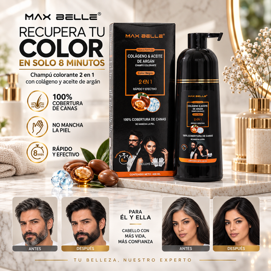 Max Belle® Shampoo Cobertura de Canas 2 en 1 — Colágeno y Argán