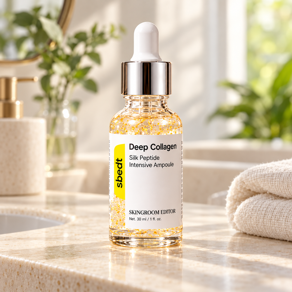 Ambientación de Deep Collagen sobre un tocador de piedra clara.
