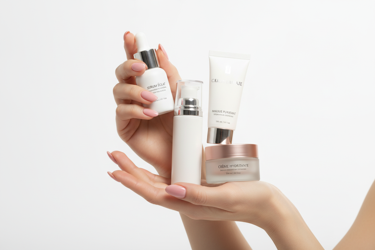 Manos femeninas con productos de belleza