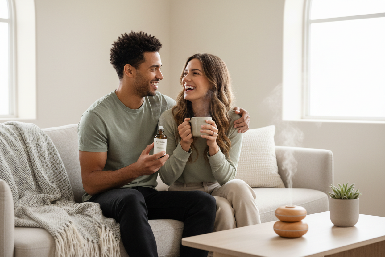 Pareja feliz con productos de salud